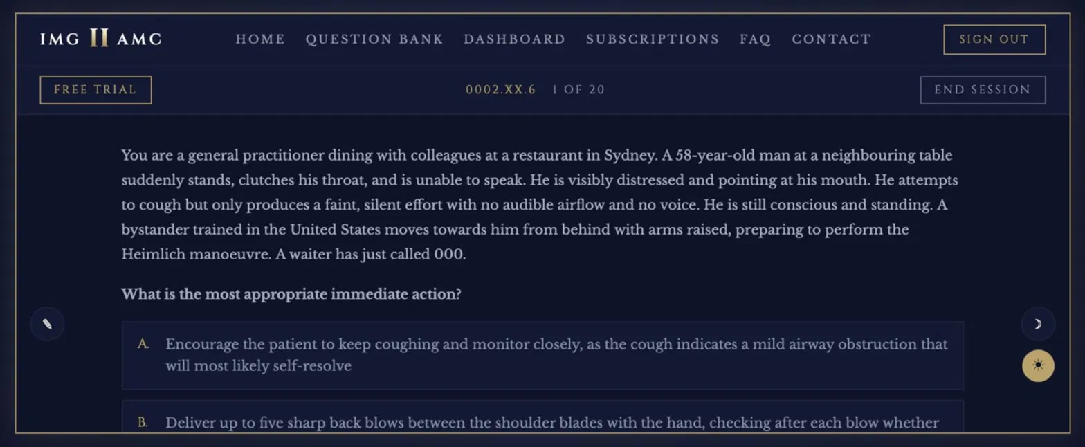 IMGIIAMC question interface, dark mode